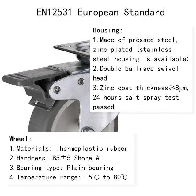Stainless steel 2 / 3 inch high quality thermoplastic rubber castor 50 / 75 mm rigid swivel TPR wheel caster
