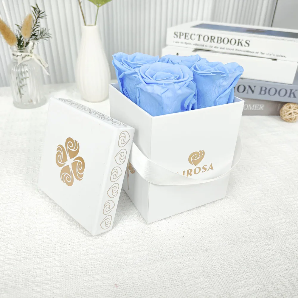 Custom Logo Luxury Blue Rose Packaging Paper Square Rigid Cardboard with Gift Flower Box