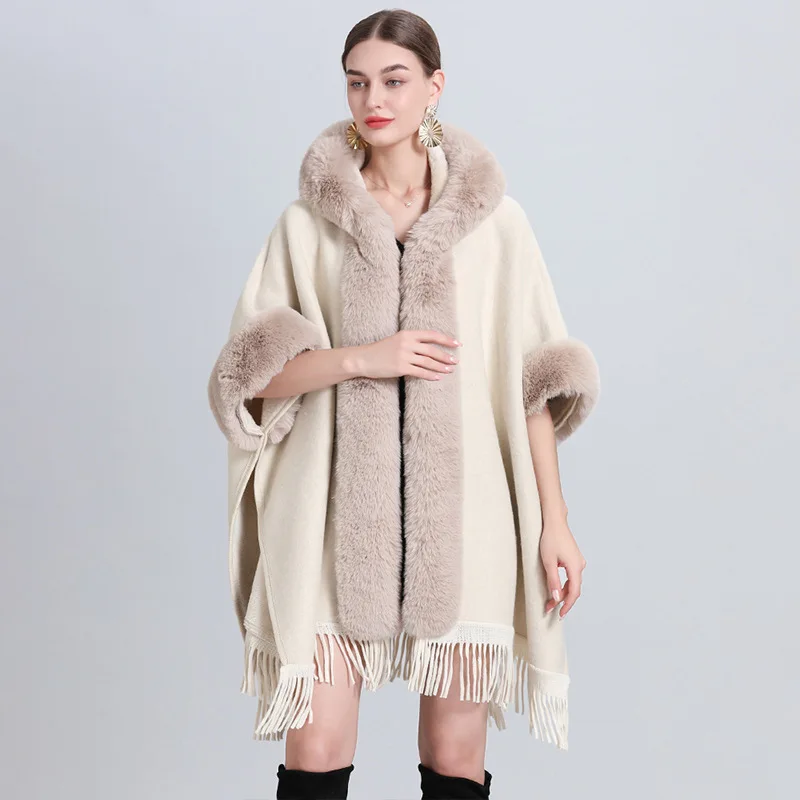 Customized Christmas Fur Neck And Cuff Cloak Free Size Women Thicken Cape Coat