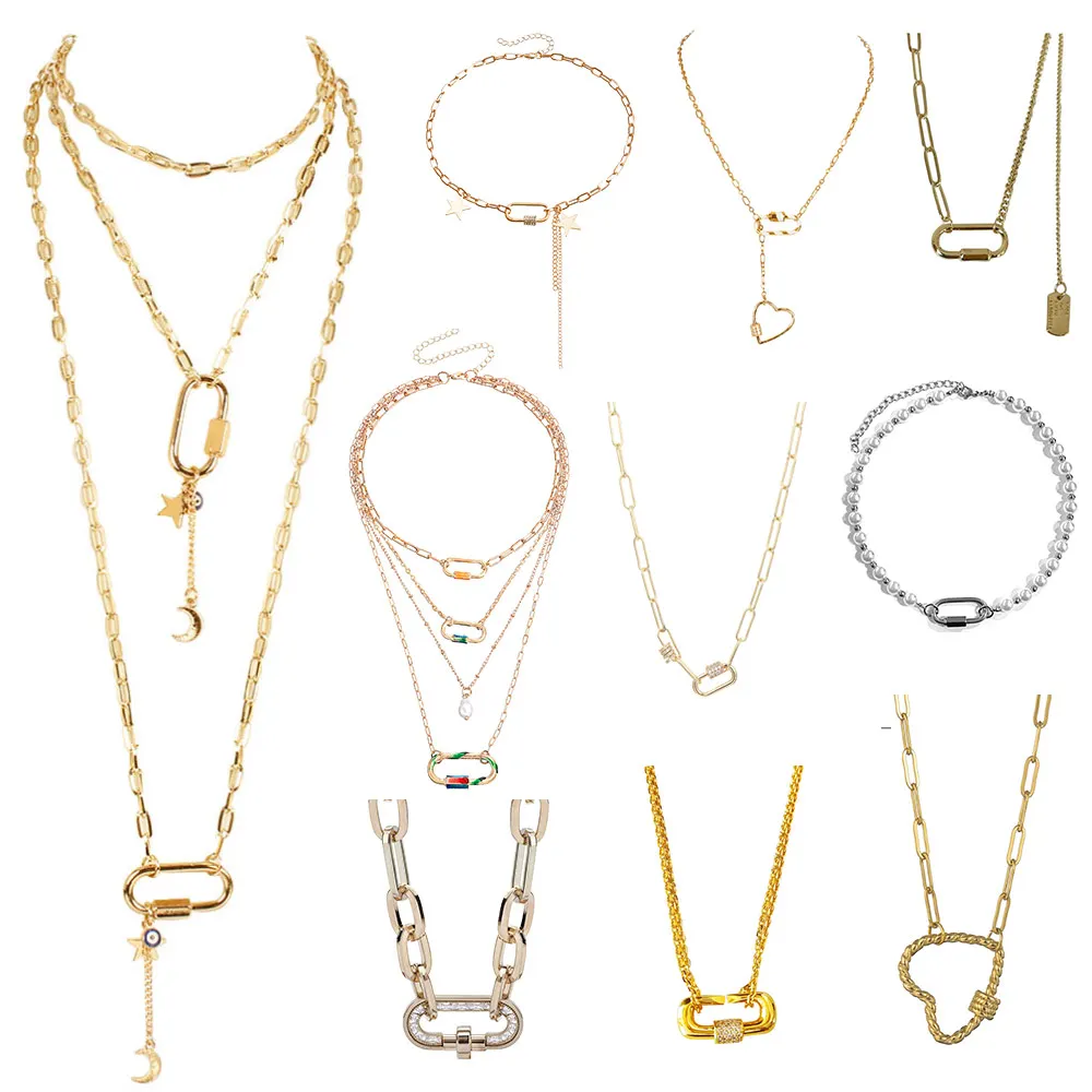 mini small tiny men lock silver gold pendant chain titanium carabiner clasp necklace