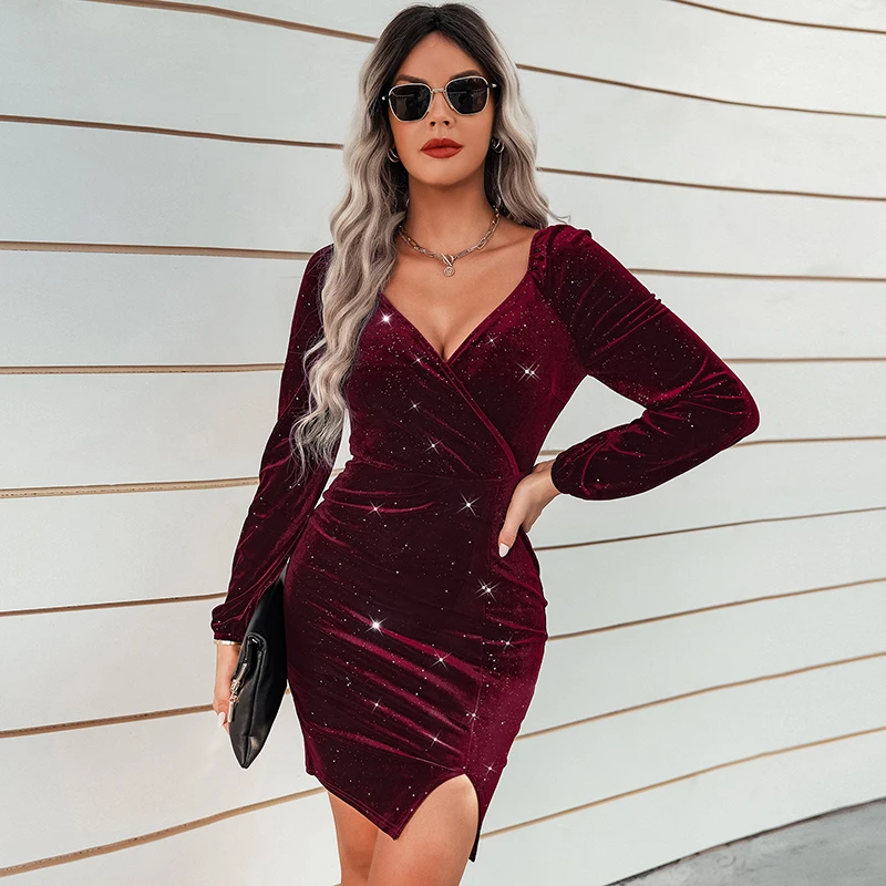 latest fashion design long sleeve sexy prom dress, sexy deep v low collar tight elastic bodycon dress with split design