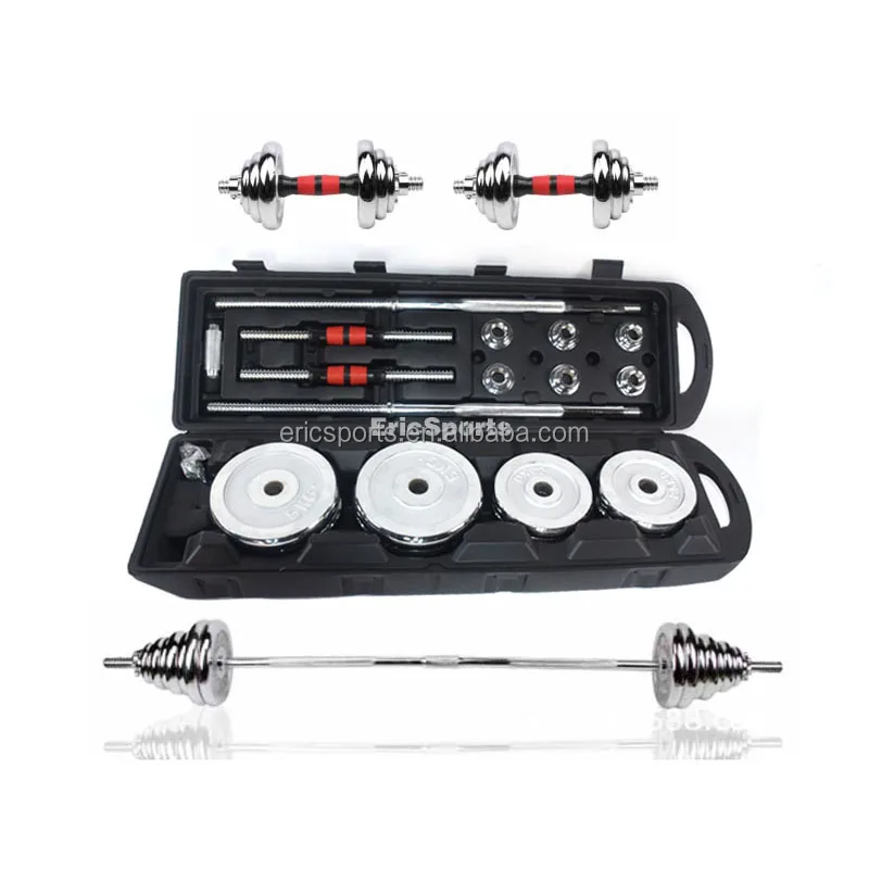 Wholesale gym equipment  fitness chromed adjustable 50kg Barbell and Dumbbell set
