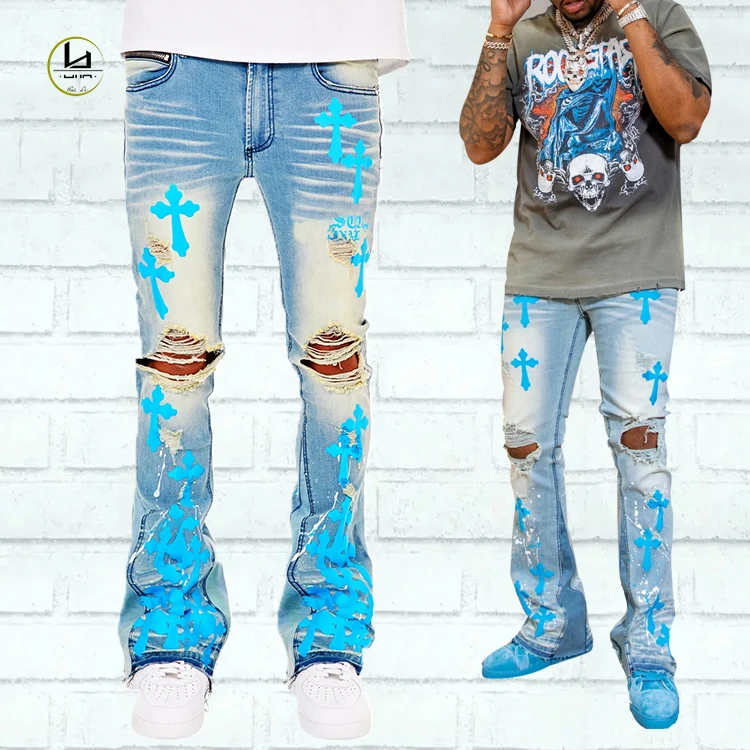 Y2K designer new style paint splash patch embroidered jeans men flare denim pants vintage wash distressed jeans
