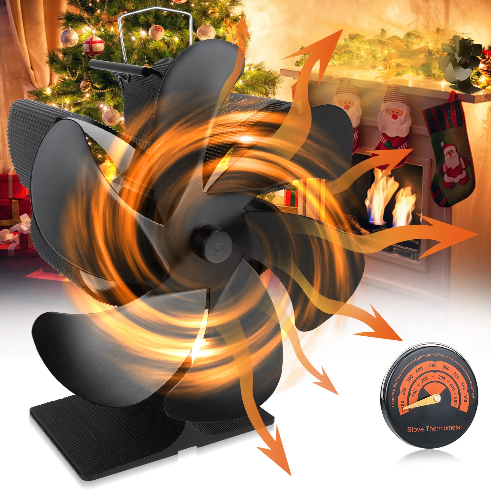 USA Warehouse in Stock Aluminum 6 Blade Leaf Heat Powered Stove Fireplace Fan Heat Powered Stove Fan for Home Living Room