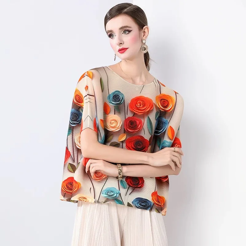 Miyake Pleated Flower Summer Korea Shirt Women Cool Plus Loose Size Chiffon Top Female Florar 3D Printed Tshirt Clothing