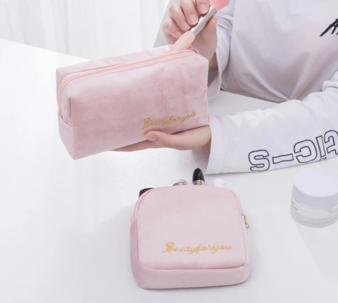 Fashion Beauty Embroidery Velvet Cosmetic Bag - Private Label Custom Logo Make up Bags