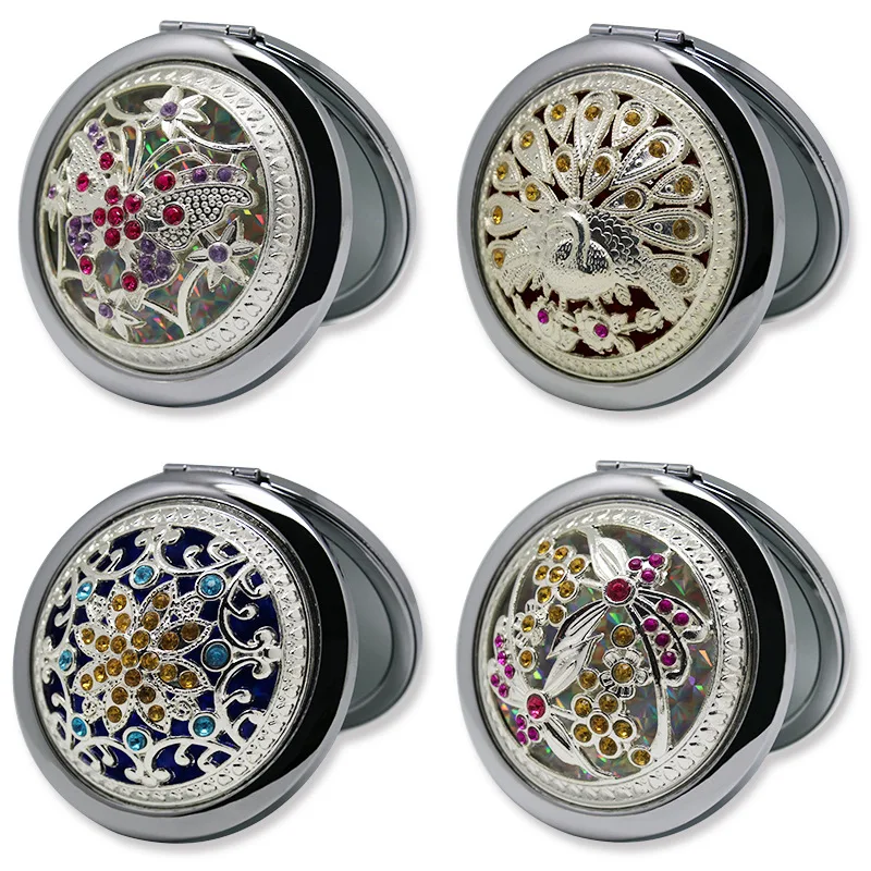 New Arrival Fashion Beauty Makeup Creative Cosmetic Mirror Vintage Gifts Gold Metal Crystal Rhinestones Jewel Pocket Mirror