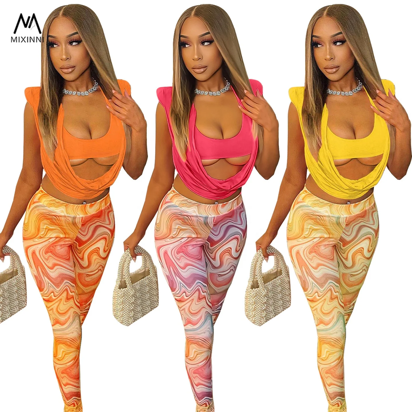 MXN 245 European and American women suit,solid color blouse and gauze printed trousers set,2 piece set women short top set