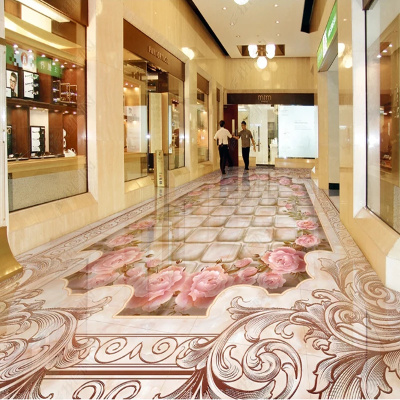 Printing 3d Floor Stickers Marble Pattern Wallpaper For Bedroom Walls Mosaic Romantic Pink Rose Floor Sticker Waterproof