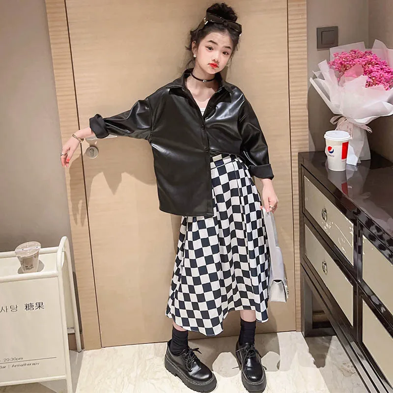 2023 New Children Girl White Black Checkerboard Print Long Skirt