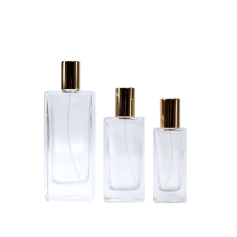 30ml 50ml 100ml clear empty square perfume glass bottle refillable crimp mouth sprayer