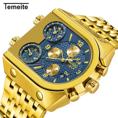 Explosive TEMEITE watch fashion personality military three time zone calendar steel belt sports quartz watch men