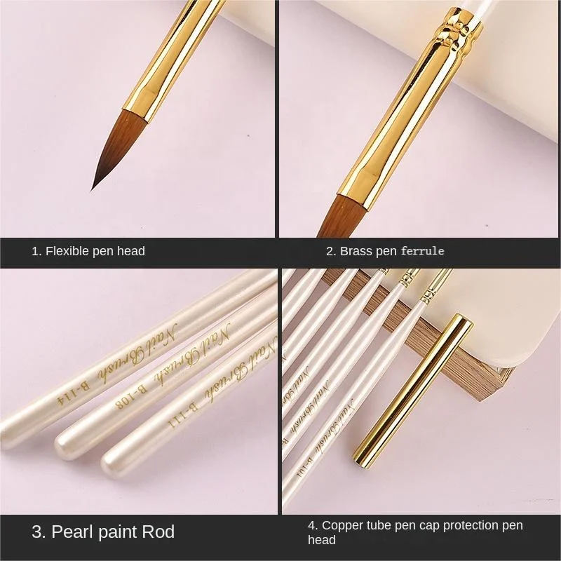 16PCS pearly luster wood handle soft nylon hair drawing painting pen white Nail art brush Set for Manicure Tools
