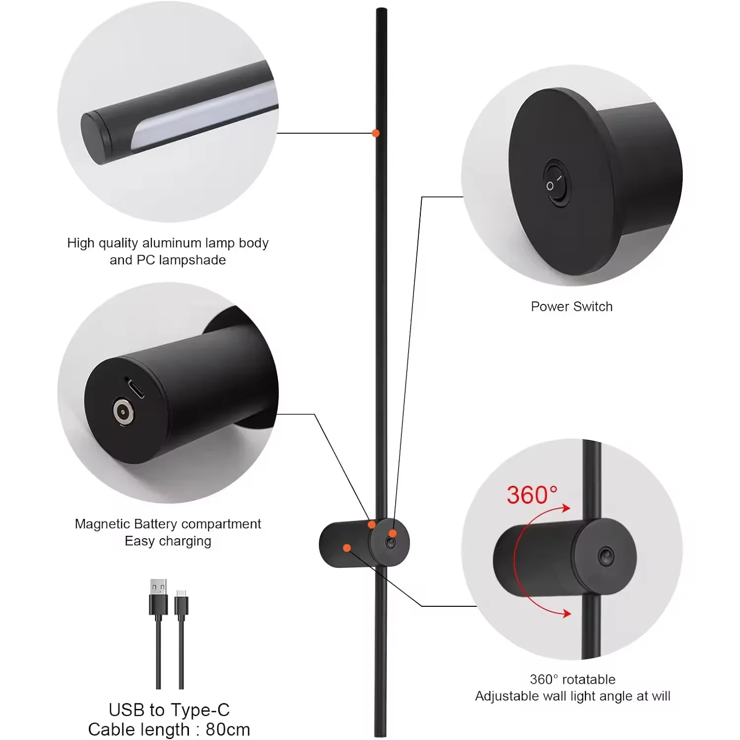 Battery Operated Wall Sconces with Remote Control Dimmable Touch Wall Lights Wireless USB Rechargeable LED Wall Lamp Black