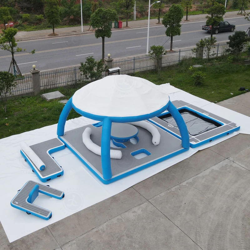 Large Drop Stitch Inflatable Water Floating Island Modular Plastic Float Dock Pontoon Platform With Bar Chair And Tent