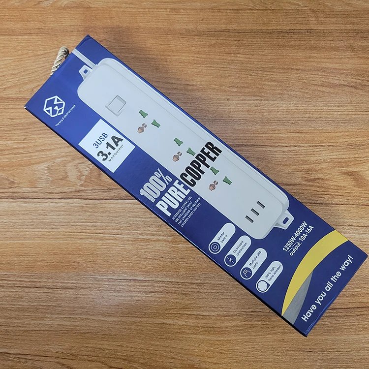 10A 2500W  110-250V 2-meter long universal hole outlet power strip with 3 USB ports for household use