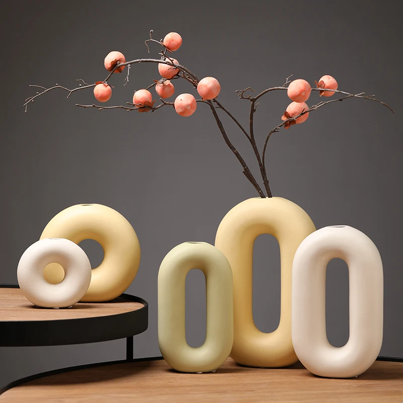 Factory Wholesale Small Donut Table Vase Stoneware Tube Vase Ceramic Flower Vase