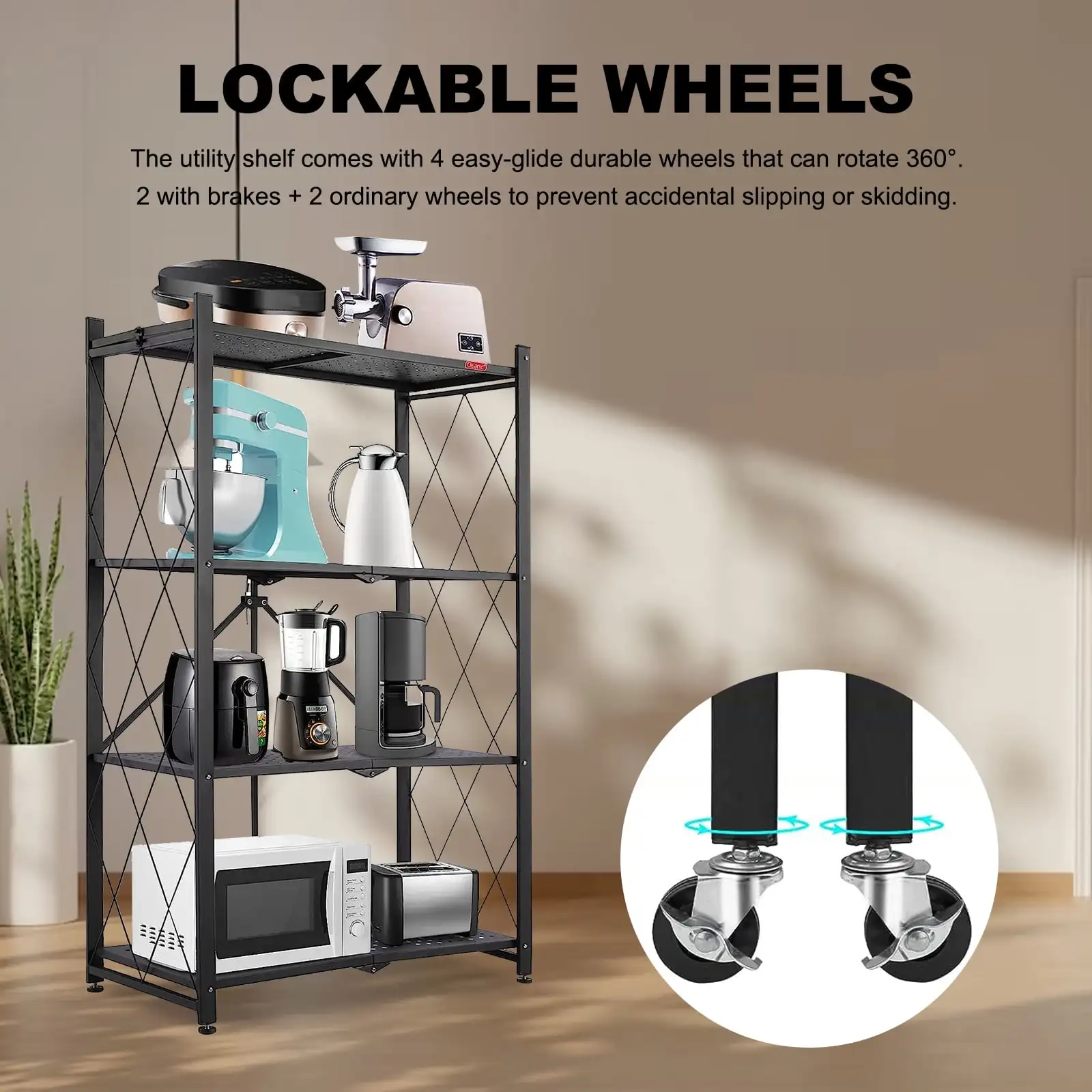 Medium Duty Home Use Easy Assembly Stackable Folding Metal Kitchen Organizer Shelf Mobile Foldable Storage Rack With Wheels