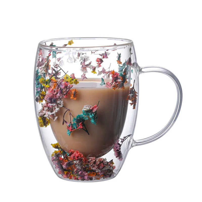 Mug Double Wall Glass Cup Dry Flower 250ml 350ml Minimalist Mugs Clear with Handle Custom Logo Handmade High Borosilicate