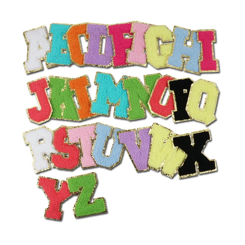 New Iron on Embroidered Patch With Colorful Gold Border Glitter Chenille Letters and Numbers