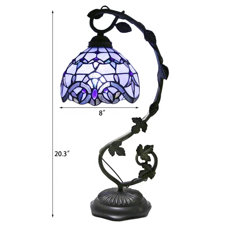 LongHuiJing Stained Glass Reading Lamp Table Light Blue Purple Desk Baroque Tiffany Style
