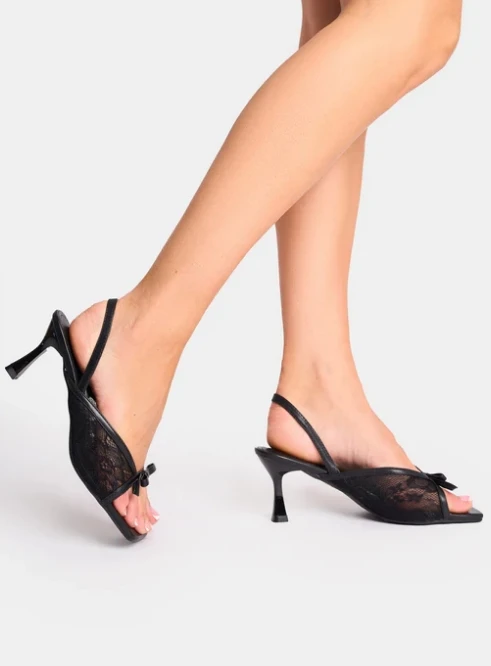 Women White Lace Detail Slingback Mid Heels Sandal shoes Ladies Square toe high heel sandals Lace Sexy mesh sandals shoes