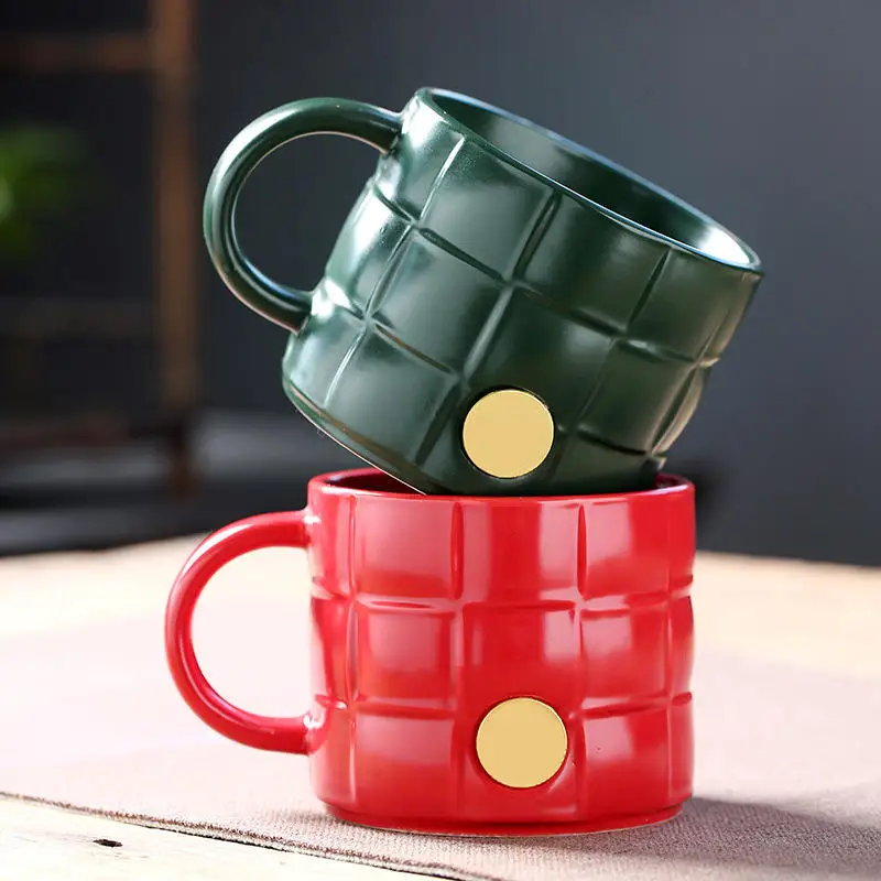 Vintage Custom Copper Logo 3D Embossed Surface Ceramic Coffee Mugs