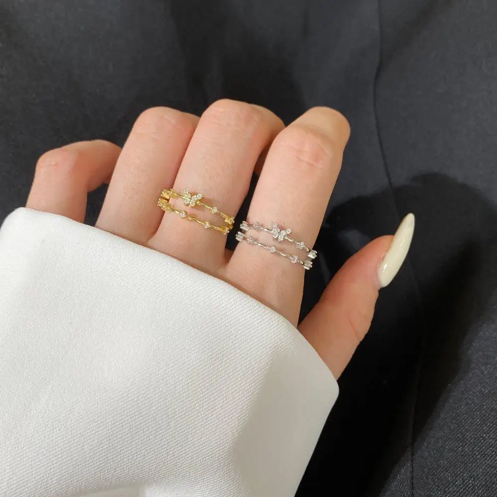 New Luxury Ladies Fashion Sterling Silver Ring 14K Gold Plated Double Zirconia Butterfly Adjustable Ring