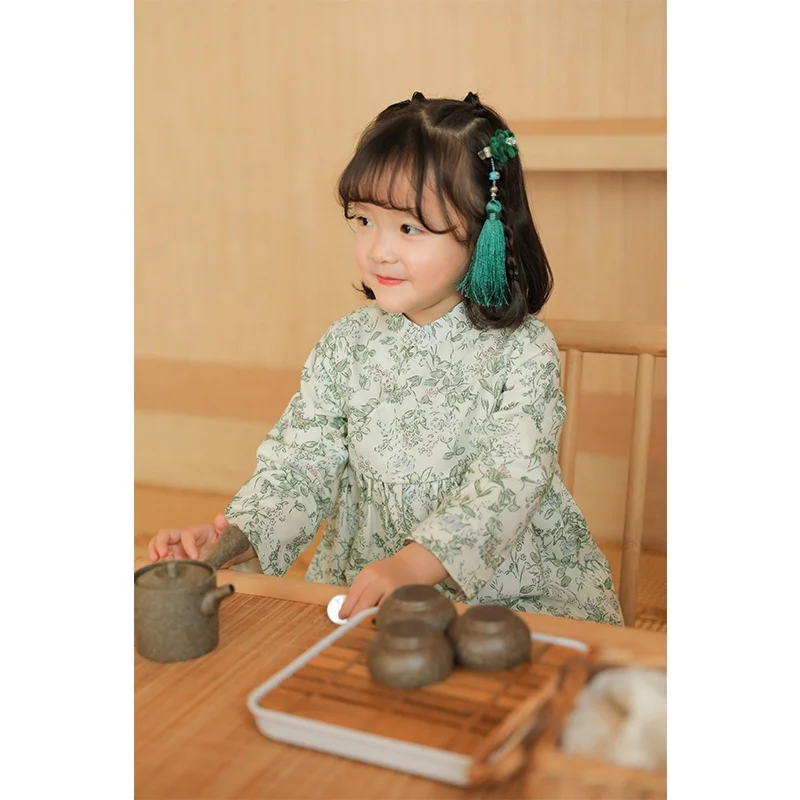 custom  Kids girls Chinese style dress girls clothes cotton sweet floral dress