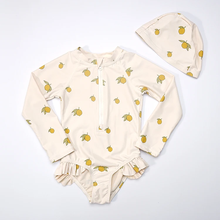 The Lemons UPF50+ Ruffled swim bodysuit One-Piece Kids Girl Swimsuit custom logo Quick dry Long Sleeve Bathing Suit