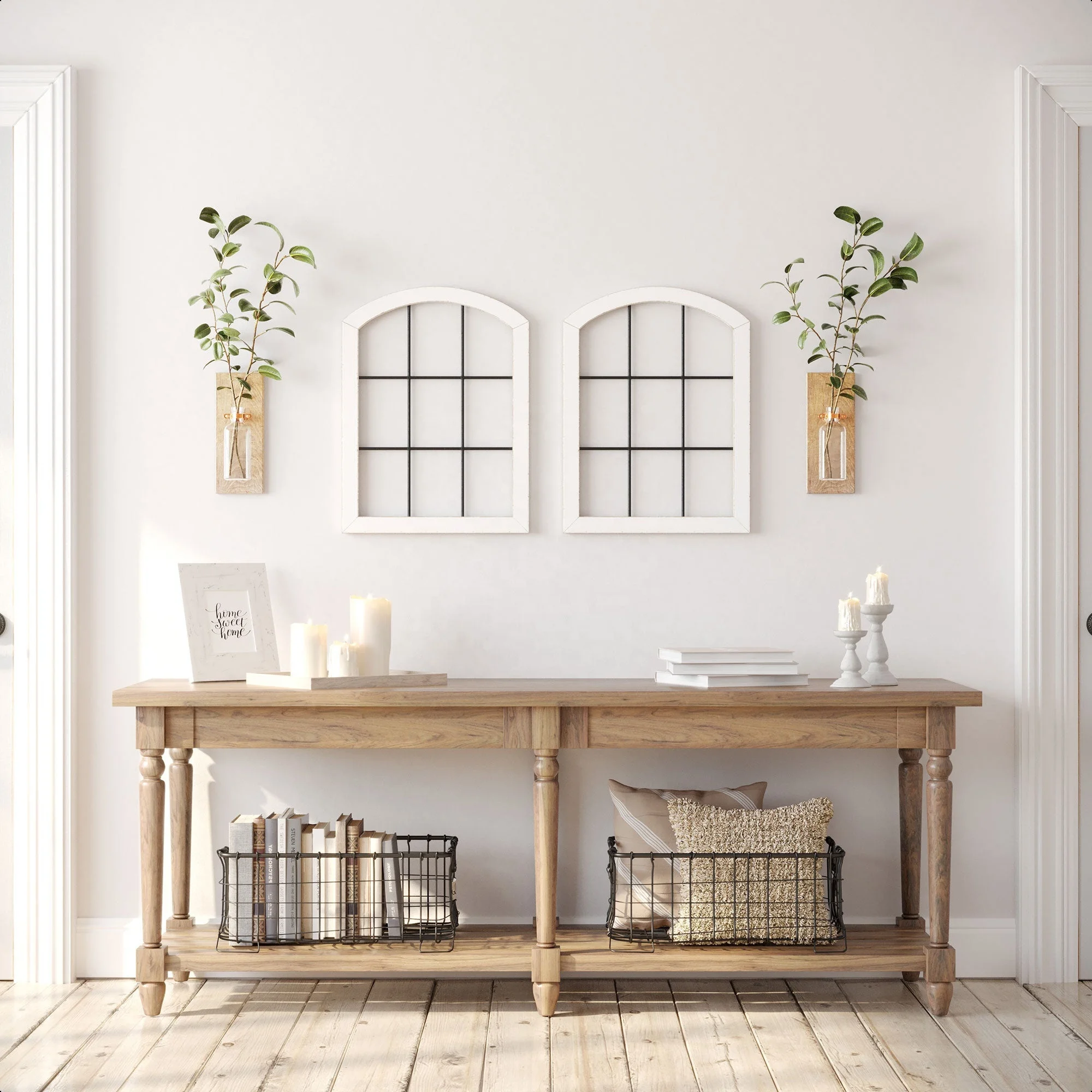 Rustic Cathedral Arch Window Frame Home Decor White Wood and Metal Window Pane Decorative for Wedding, Christmas other Festival