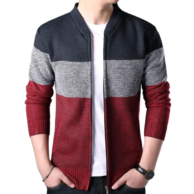 Men Sweater Knit Autumn And Winter Plus Velvet Thick Large Size Casual Stand Collar Fashion Urban Cardigan J0332