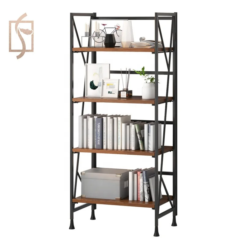 FYG Metal and Wood Rack Simple Foldable 4 Layers Living Room Free Installation Bookshelf Height 125cm