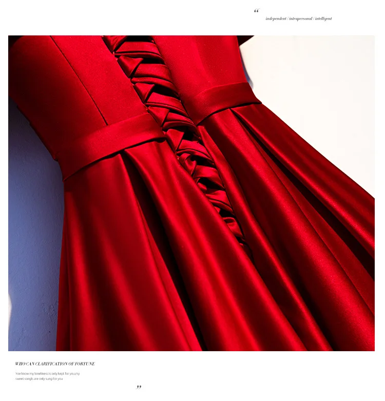 deep-v off shoulder A line red satin pleat elegant ethos slim prom dresses evening dress