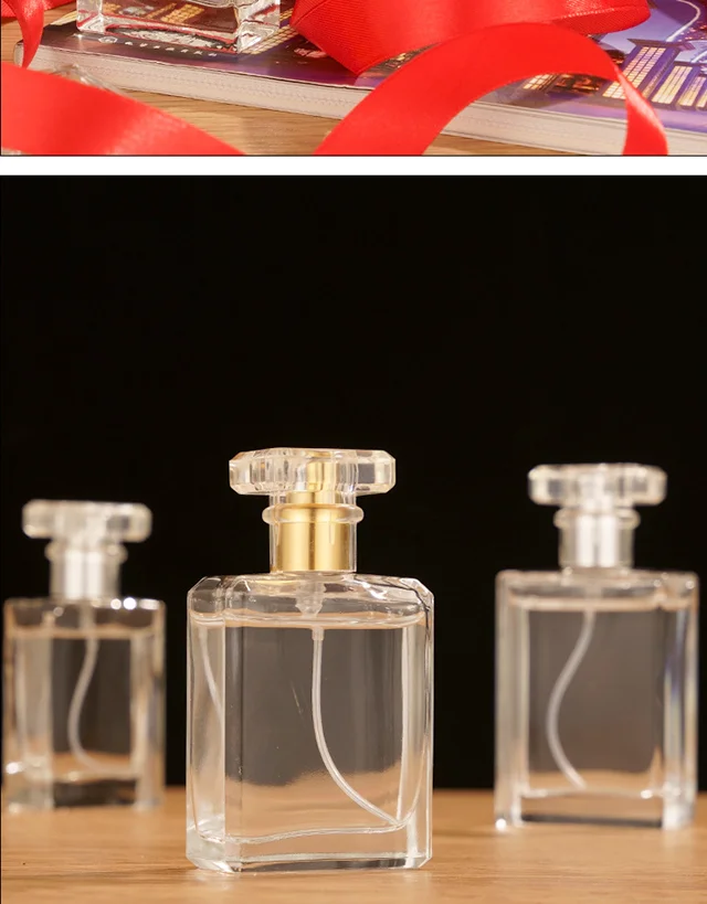Factory Wholesale Square Round Shoulder Empty Glass Perfume Bottle 50ml Screw Neck Clear Black Sprayer Bottle with Acrylic Cap