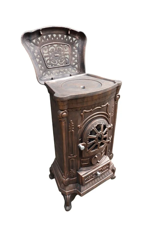Antique cast iron stove with cooktop for cooking and heating real fire wood pellet burning wood burning stove