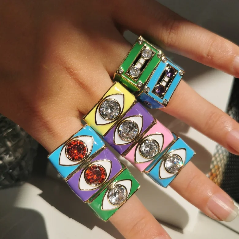 Personalized Y2k Jewelry Women Punk Stack Colorful Enamel Yinyang Cassette Tape Heart Chunky Finger Band Rings Brass Opp Bag