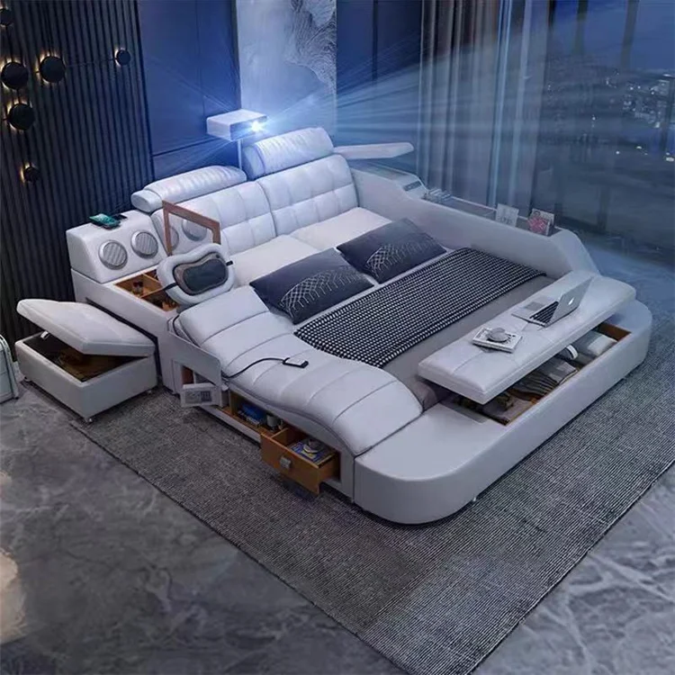 Modern Bedroom Storage Leather Bed Multifunction Massage Tatami Bed Smart Bed With USB Charge and Speaker