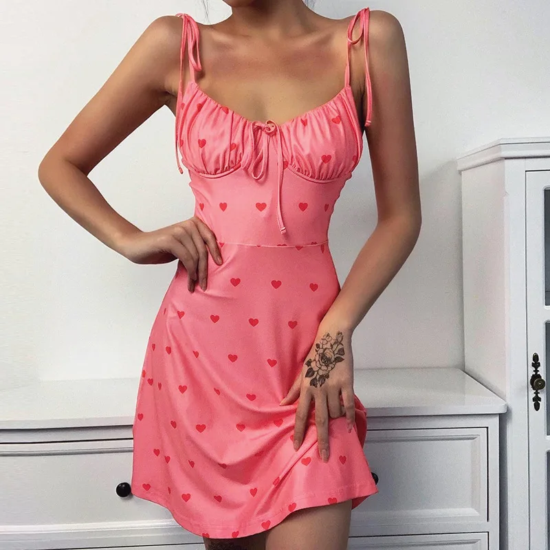 Instagram style sweet pink heart print halter dress 2022 summer sexy holiday lace skirt