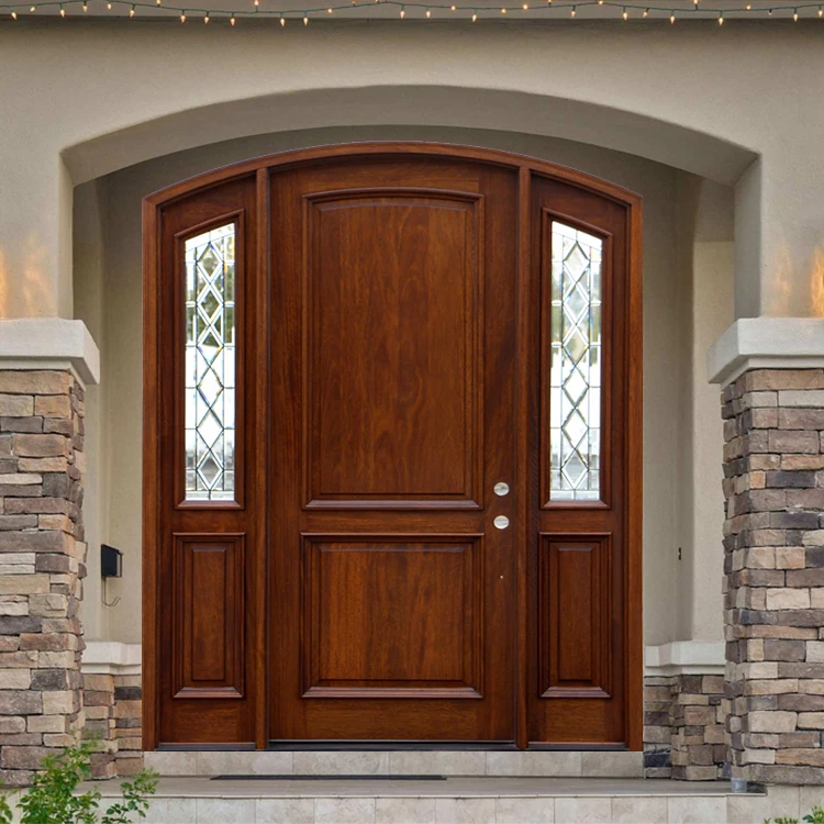 Factory price house villa front entry round arch top glass wooden door design exterior arched cherry solid wood double doors