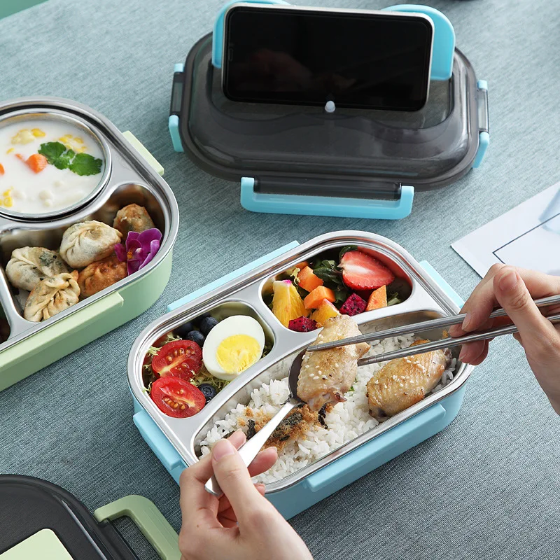 Student 304 Stainless Steel Lunch Box Grid Rectangular Belt Tableware Soup Bowl Office Lunch Box Can Be Heated with Water