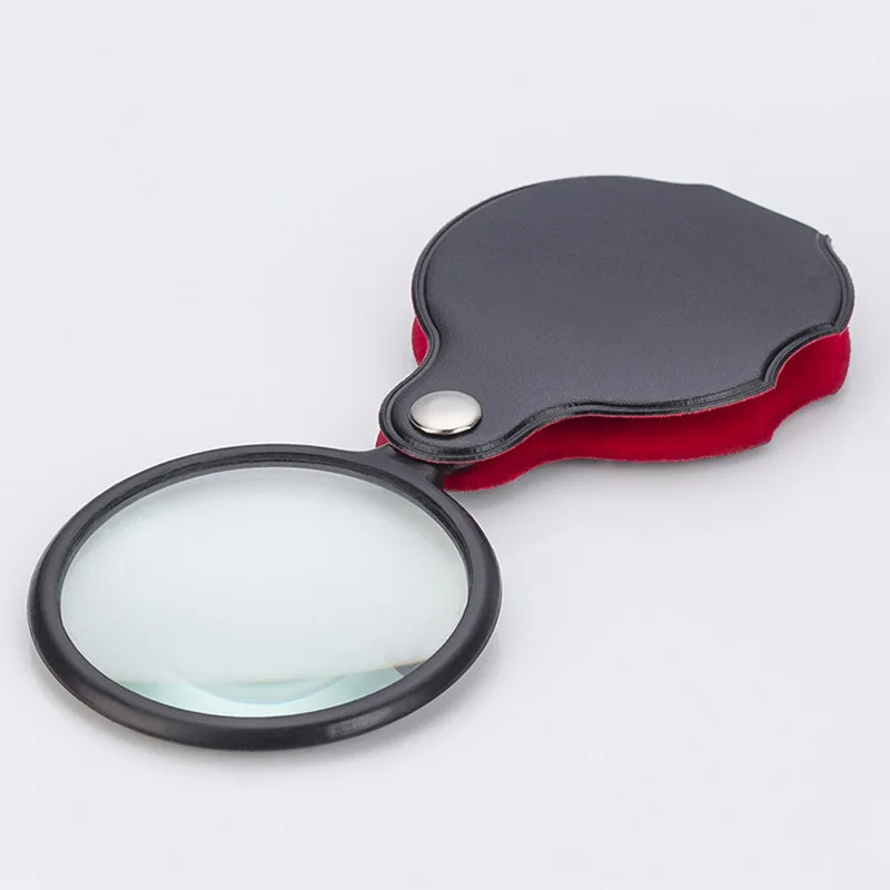 Large Plastic 50MM Portable magnifying glass with light Tempered Glass Artificial Leather Handheld Foldable magnifying glass