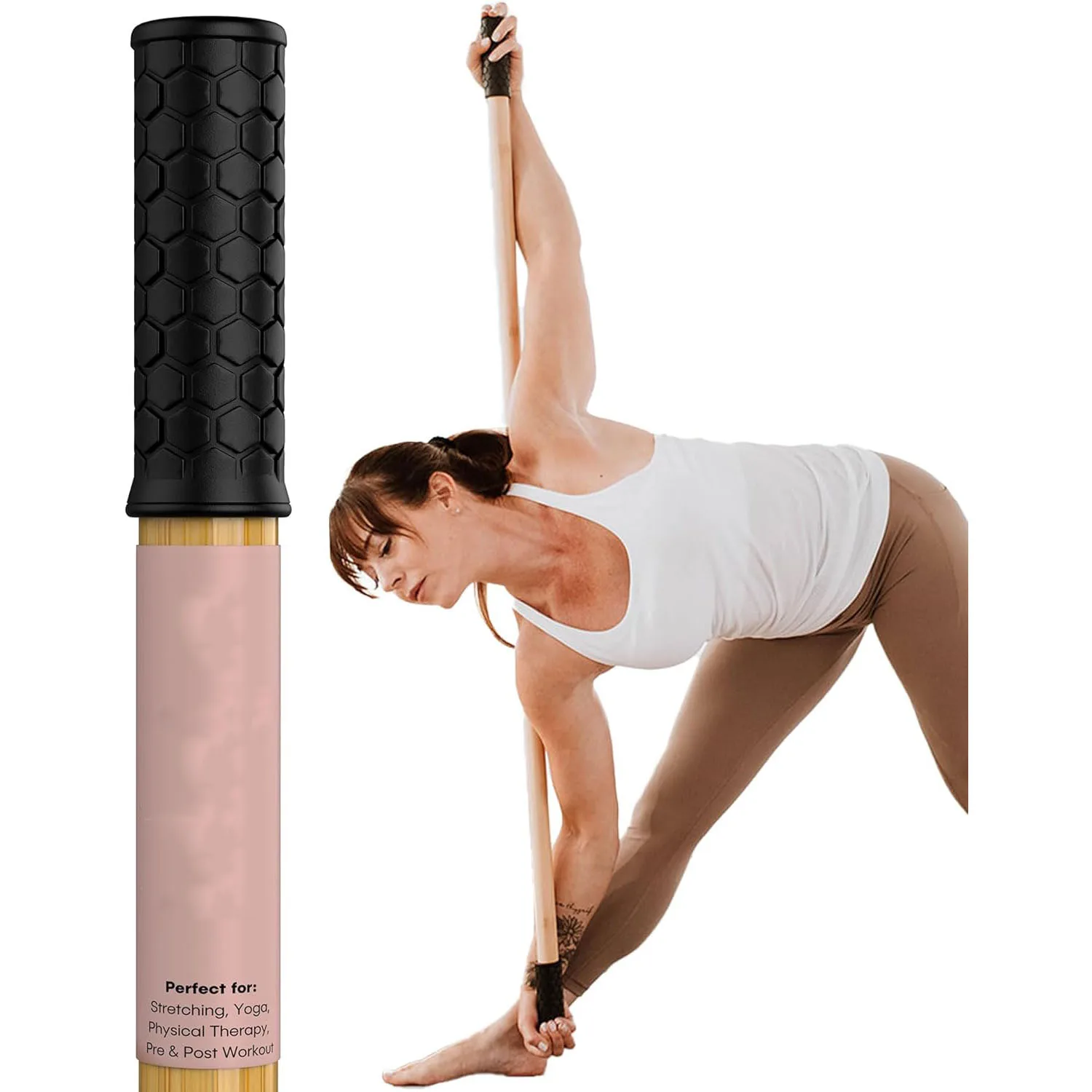 Yoga Stick Made from Natural Bamboo - 5ft Stretching Stick - Stretch Stick with Non-Slip Handles for Mobility, Flexibility