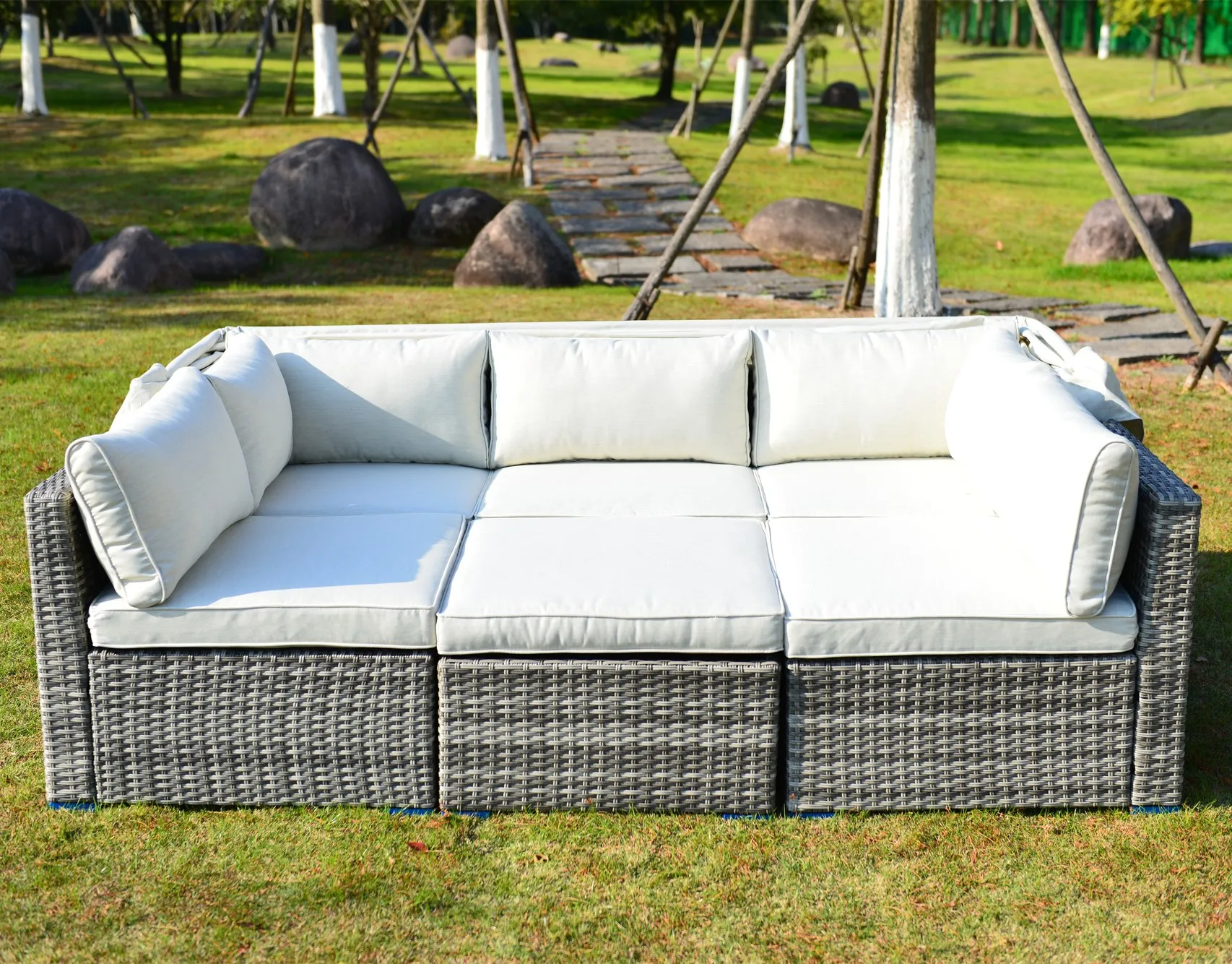 All-Weather PE Rattan Metal Furniture Sunbed Outdoor Rattan Daybed Patio Set Retractable Canopy Garden Sofa with Sun Visor