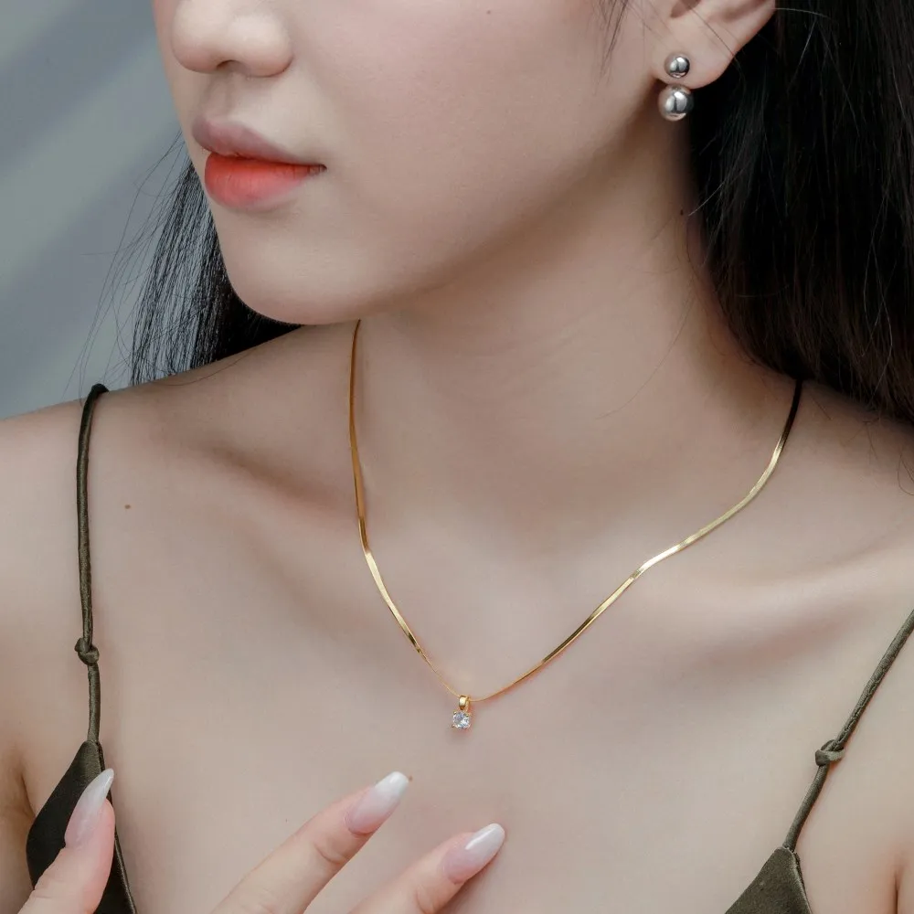 Dylam Metallic Style Customised 5A Cubic Zircon Herringbone 925 Sterling Silver 18K Gold Coating Wedding Pendant Necklaces