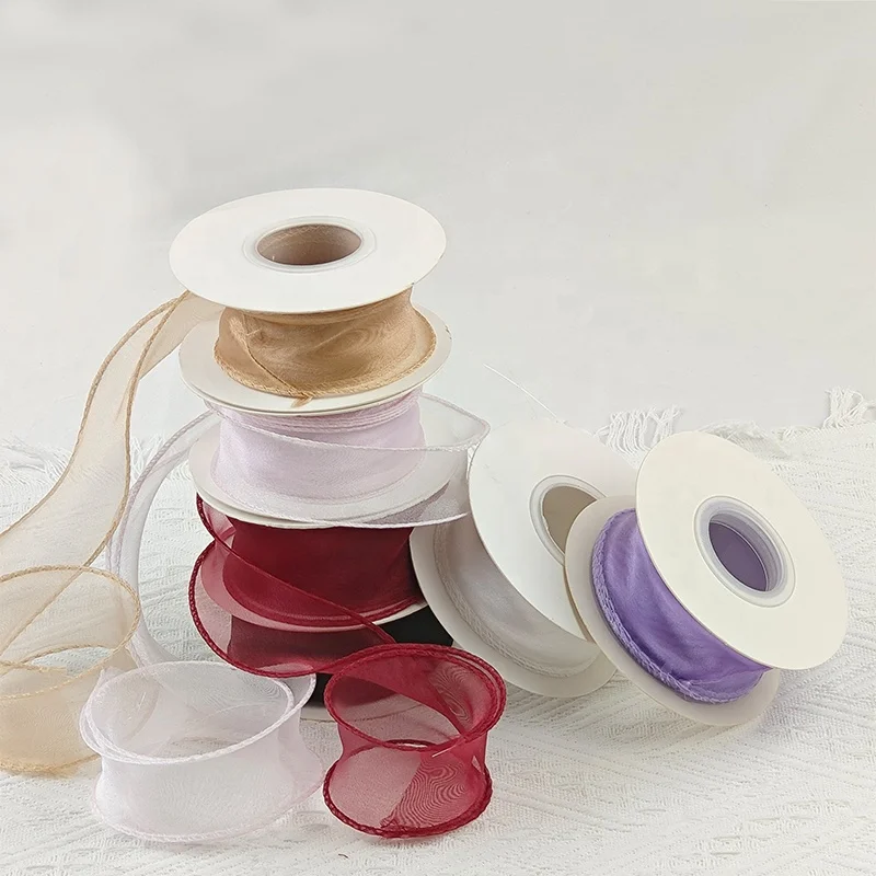 Custom Hologram Sheer Chiffon Silk White Pink Yellow Organza Ribbon For Wedding Bouquets Wrapping