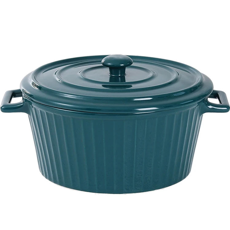 Hot sale  color striped texture glazed ceramic casserole with two handle with lid