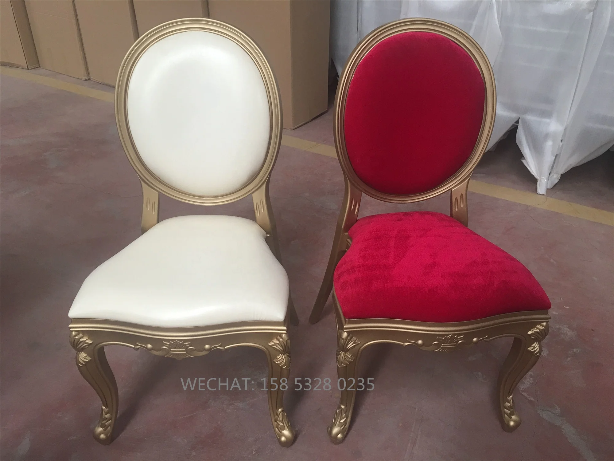 Luxury stackable gold PP plastic louis ghost chair with false leather seat for rental or events waterproof