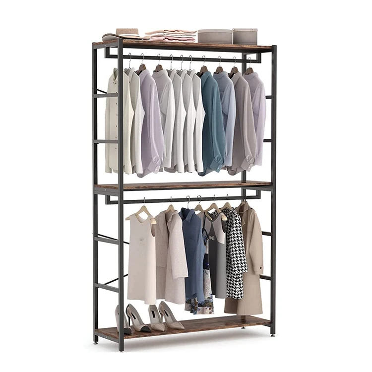 Vekin Multipurpose Metal Coat Clothes Rack Large Double Storage Closet Organizer 3 Tiers Clothing Storage Shelves