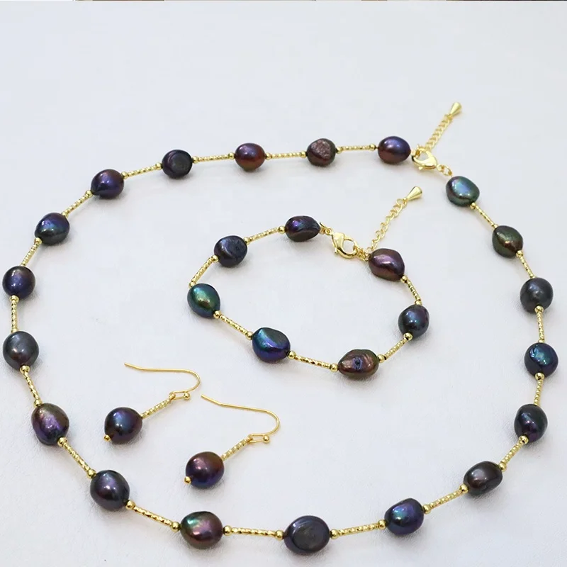 Newly Designed Gold-Plated Baroque Pearl Jewelry Set Black Green Freshwater Necklace Earring Bracelet Brides Wedding Occasions